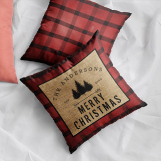 Rustic Country Family Name Merry Christmas Plaid  Cushion