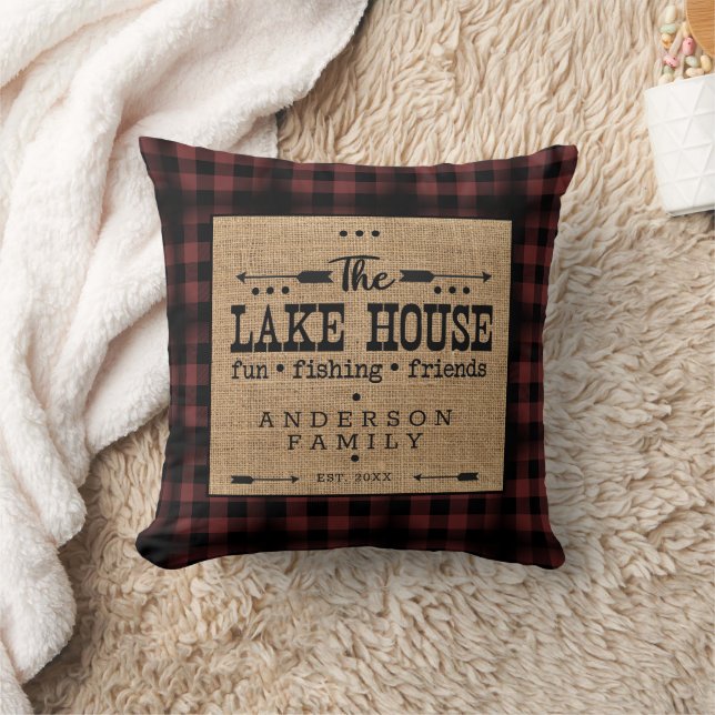 Rustic Country Family Name Plaid Lake House  Throw Cushion (Blanket)