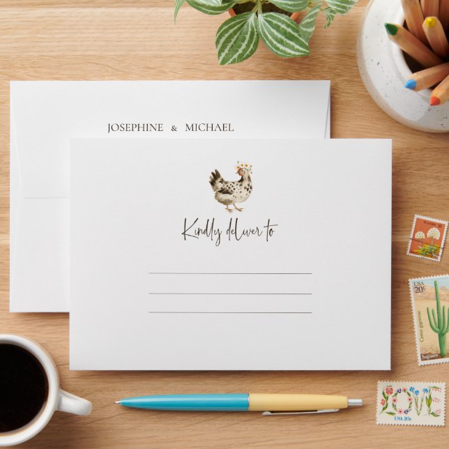 Rustic Country Farm Chicken Wedding Envelope (Desk)