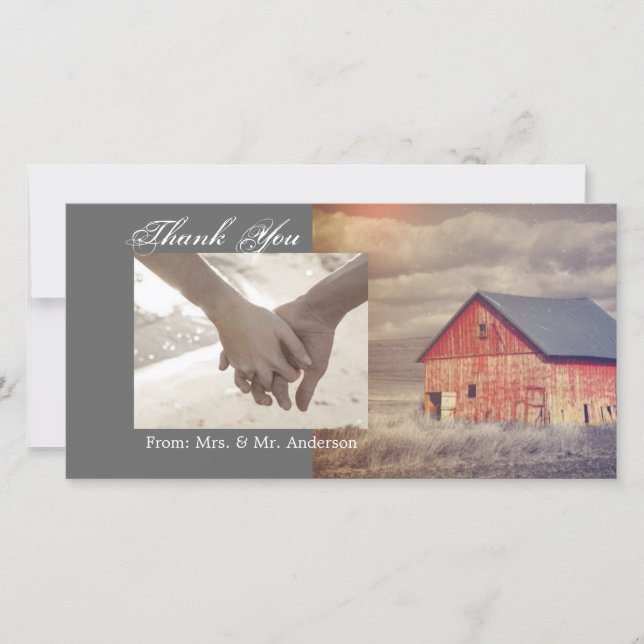 Rustic country farm red barn wedding thank you card (Front)