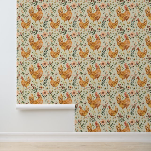 Rustic Country Farm Vintage Hen Wallpaper (Application)