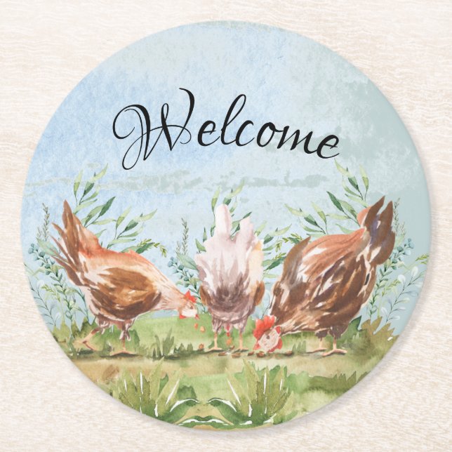 Rustic Country Farmhouse Chickens Rooster Round Paper Coaster (Front)