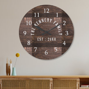Rustic Country Farmhouse Family Name Wood Large Clock