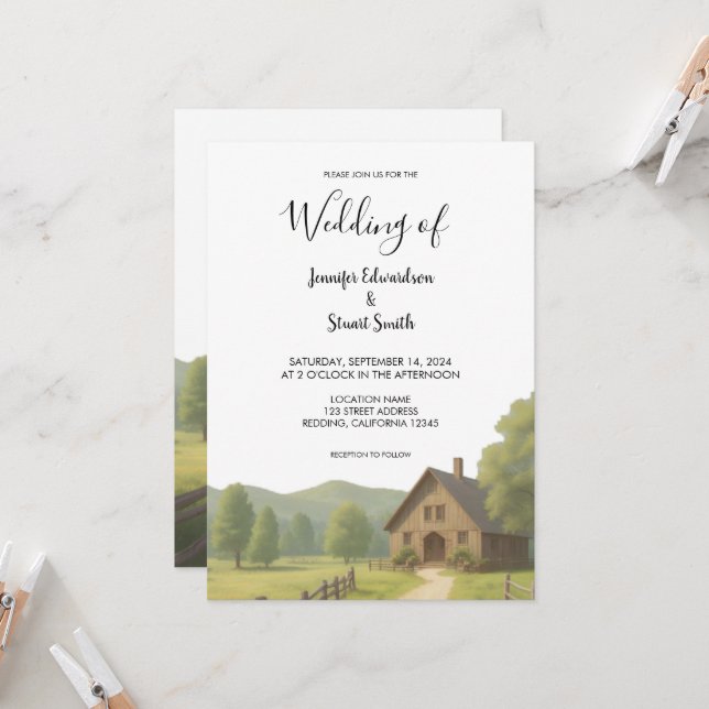 Rustic country farmhouse rural monogrammed wedding invitation (Front/Back In Situ)