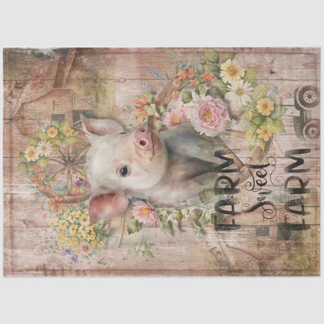 Rustic Country Farmhouse Spring Piglet Decoupage  Tissue Paper (Front)