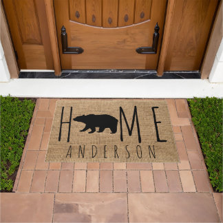 Rustic Country Faux Burlap Black Bear Family Name Doormat