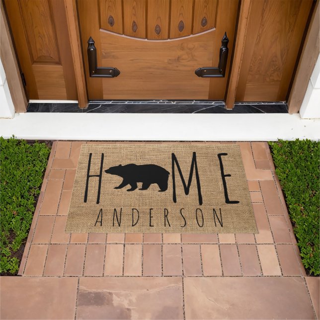 Rustic Country Faux Burlap Black Bear Family Name Doormat (Outdoor)