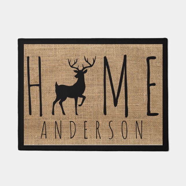 Rustic Country Faux Burlap Buck Family Name    Doormat (Front)