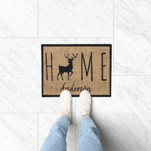 Rustic Country Faux Burlap Buck Family Name Doormat