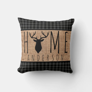 Rustic Country Faux Burlap Buck Head Family Name Cushion
