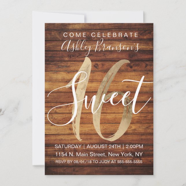 Rustic Country Faux Gold Foil Wood Sweet 16 Invitation (Front)
