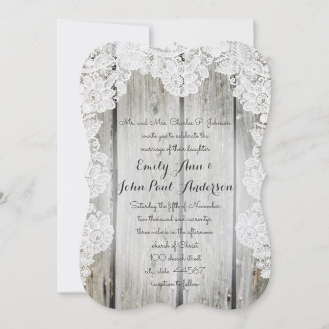 Rustic Country Faux Lace Barn Wood Wedding Invitation (Front)