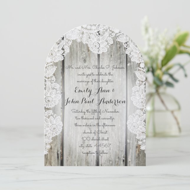 Rustic Country Faux Lace Barn Wood Wedding Invitation (Standing Front)
