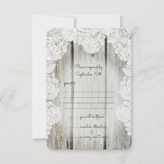 Rustic Country Faux Lace Barn Wood Wedding RSVP Card (Front)