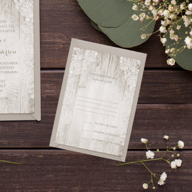 Rustic Country Faux Lace Barn Wood Wedding RSVP Card (Creator Uploaded)