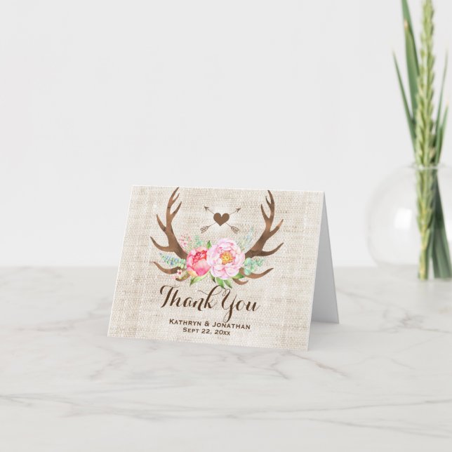 Rustic Country Floral Antlers Wedding Thank You Card (Front)