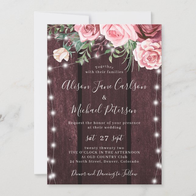 Rustic country floral barn wood burgundy wedding invitation (Front)