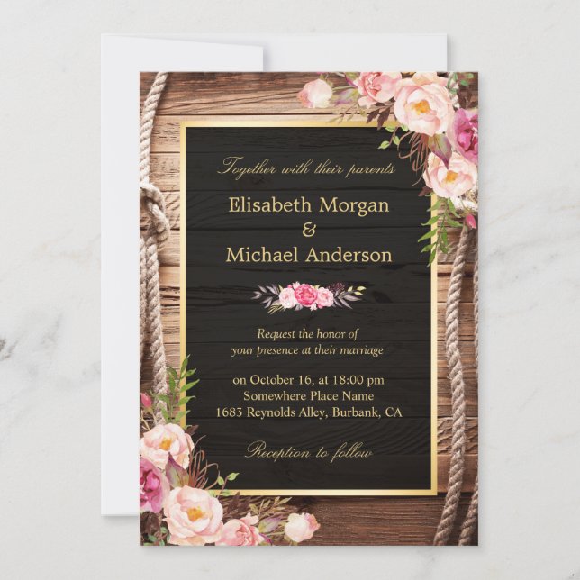 Rustic Country Floral Barn Wood Wedding Invitation (Front)