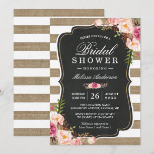 Rustic Country Floral Burlap Stripes Bridal Shower Invitation