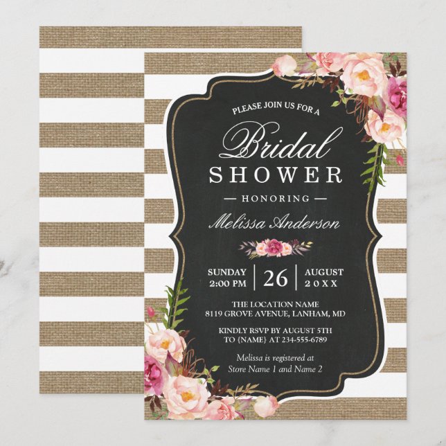 Rustic Country Floral Burlap Stripes Bridal Shower Invitation (Front/Back)