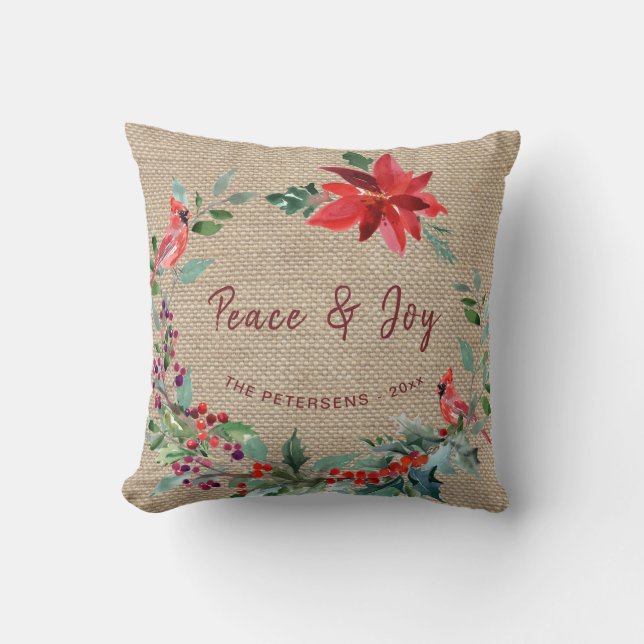 Rustic country floral Christmas wreath burlap Cushion (Front)