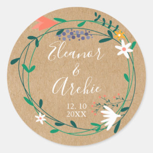 Rustic Country Floral Garland Wedding Favour Classic Round Sticker