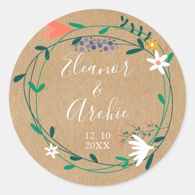 Rustic Country Floral Garland Wedding Favour Classic Round Sticker (Front)