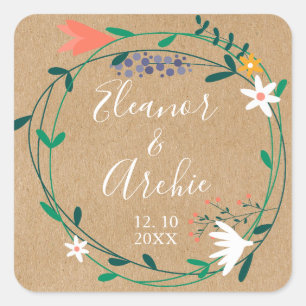 Rustic Country Floral Garland Wedding Favour Square Sticker