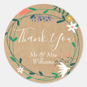 Rustic Country Floral Garland Wedding Thank You Classic Round Sticker