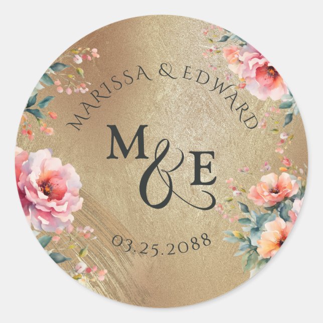 Rustic Country Floral Gold Wedding Favour Classic Round Sticker (Front)