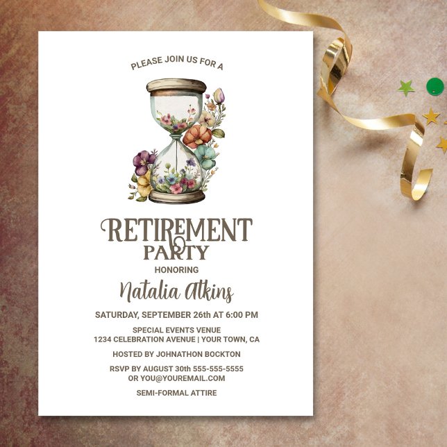 Rustic Country Floral Hourglass Retirement Invitation (Creator Uploaded)