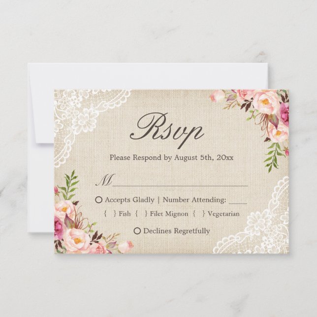 Rustic Country Floral Lace Burlap Meal Choice RSVP (Front)