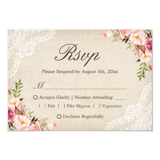 Rustic Country Floral Lace Burlap Meal Choice RSVP Card