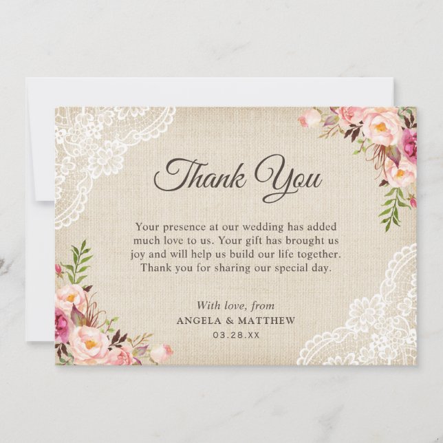 Rustic Country Floral Lace Burlap Thank You Card (Front)