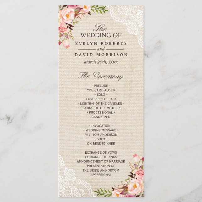 Rustic Country Floral Lace Burlap Wedding Program Programme (Front)