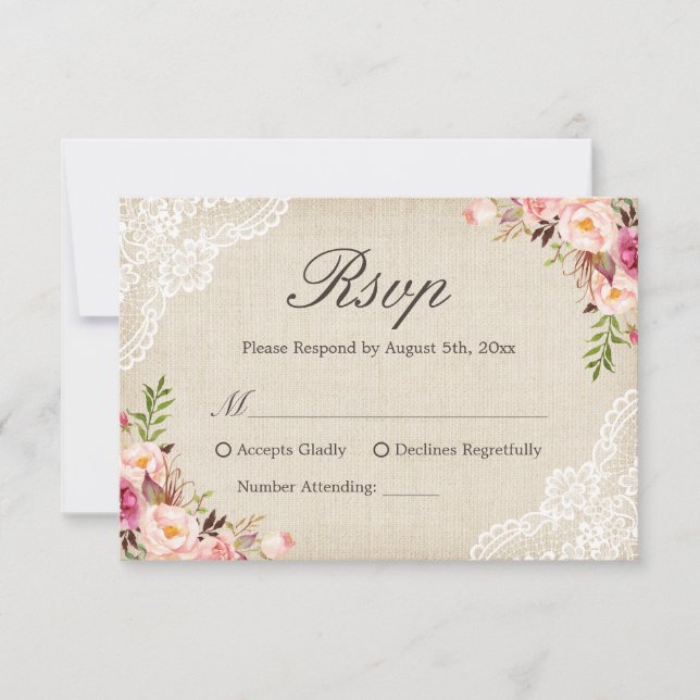 Rustic Country Floral Lace Ivory Burlap RSVP Reply Card (Front)