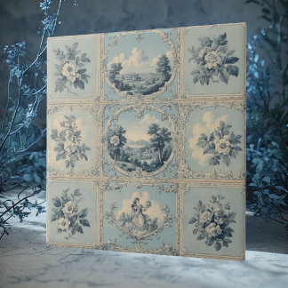 Rustic Country Floral Motif Distressed Mute Tones Tile