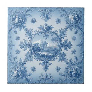 Rustic Country Floral Motif Dusty Blue Muted Tones Tile