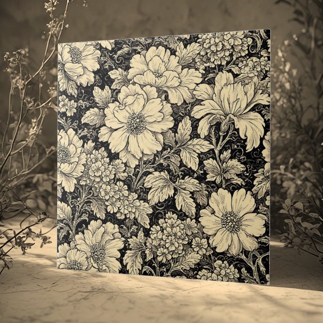 Rustic Country Floral Motifs Monochrome Distressed Tile (Rustic Country Floral Motifs Monochrome Distressed Ceramic Tile)