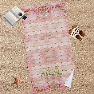 Rustic country floral pink wood family monogram beach towel