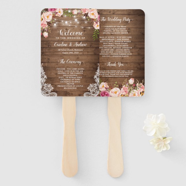 Rustic Country Floral String Light Wedding Program Hand Fan (Front and Back)