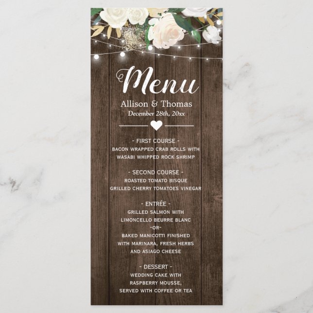 Rustic Country Floral String Lights Wedding Menu (Front)