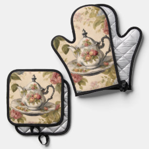 Rustic Country Floral Tea Party Vintage Teapot Oven Mitt & Pot Holder Set
