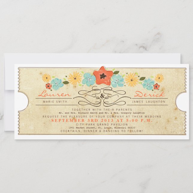 Rustic Country Floral Ticket Tea Length Invitation (Front)