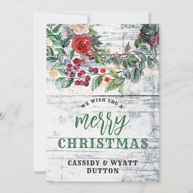 Rustic Country Floral Wood Christmas  Holiday Card (Front)