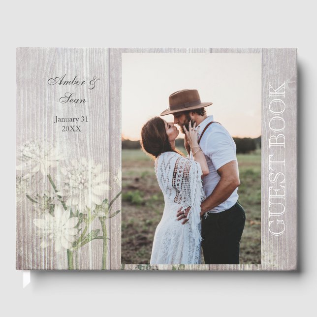 Rustic Country Floral Wood & Photo Guestbook (Front)