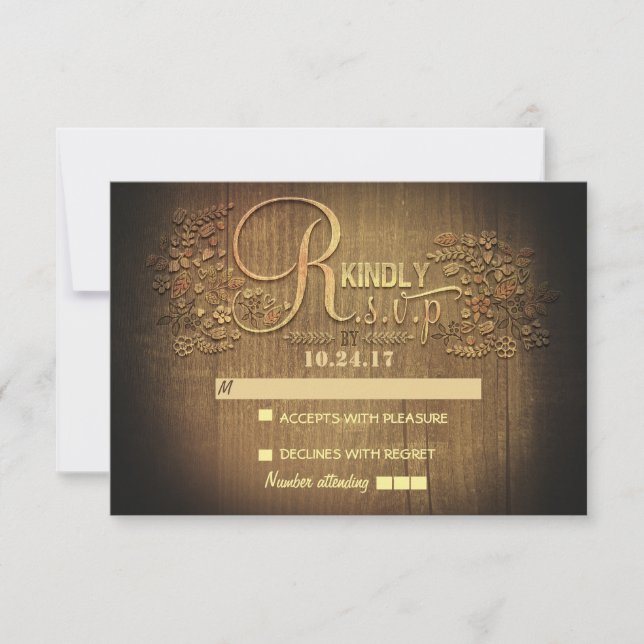 RUSTIC COUNTRY floral wood wedding RSVP cards (Front)
