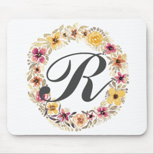 Rustic Country Floral Wreath Watercolor Monogram Mouse Mat