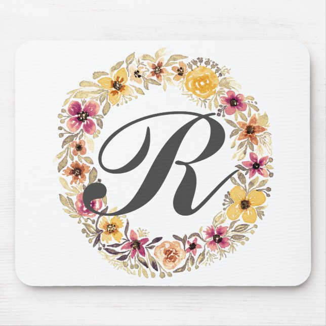 Rustic Country Floral Wreath Watercolor Monogram Mouse Mat (Front)
