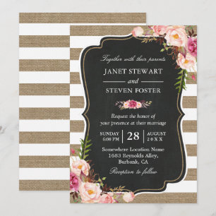 Rustic Country Flowers Burlap Stripes Chic Wedding Invitation
